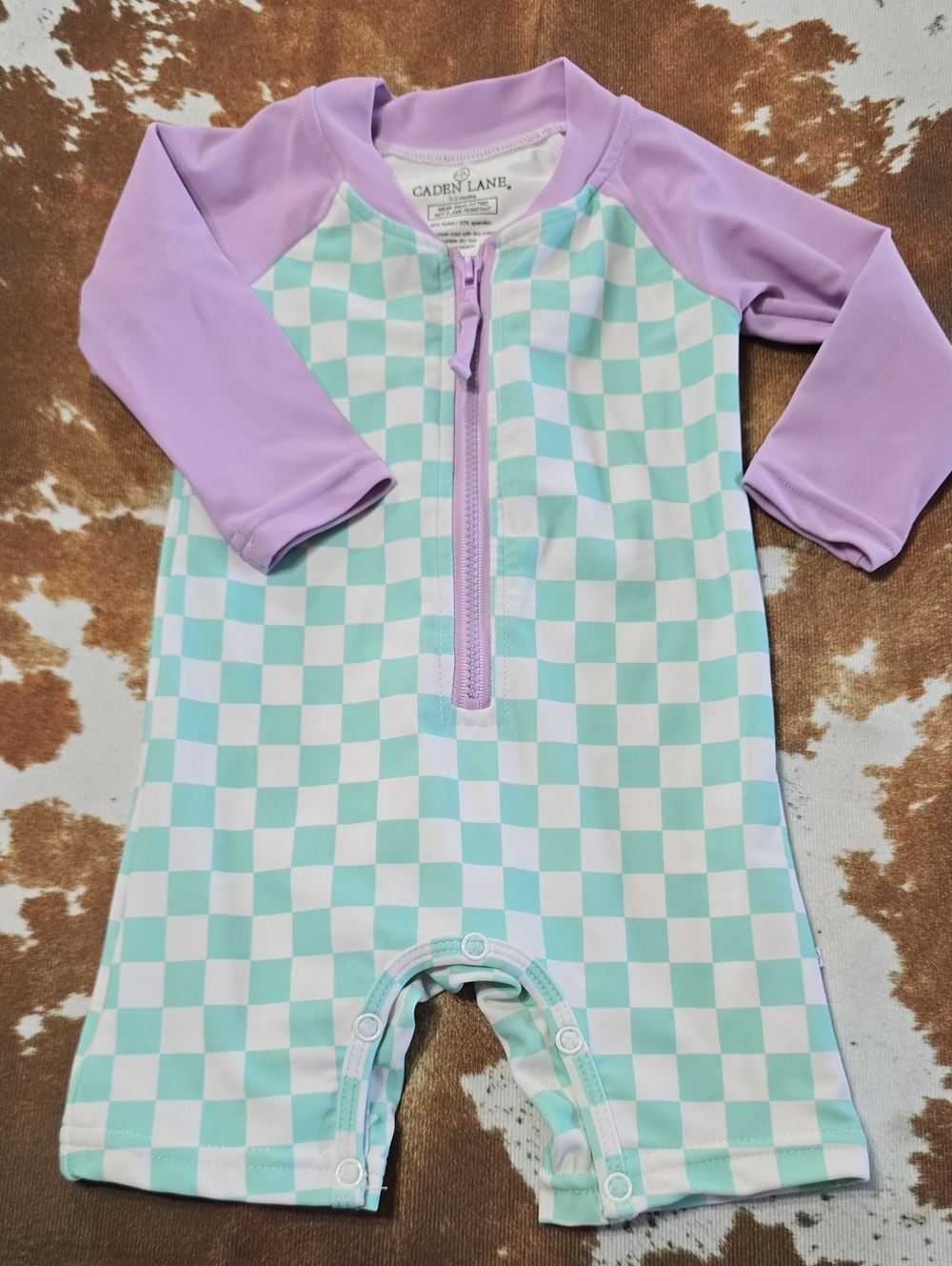 Caden Lane Kids Mint Check & Lavender Rashguard One-Piece Swimsuit